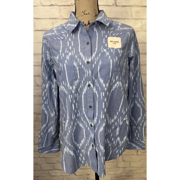 Ariat‎ Billie Jean Women’s Med Long Sleeve Blackhawk Ikat Light Blue Relaxed Fit - Picture 1 of 8